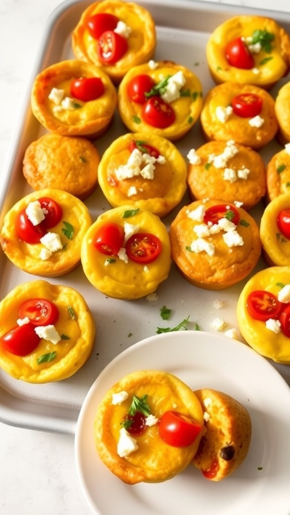 3-Ingredient Baked Feta and Cherry Tomato Egg Muffins Baked egg muffins with feta and cherry tomatoes on a tray, garnished with herbs.